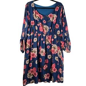 PinkBlush Women's Floral 3/4 Sleeve Dress Cottagecore Boho Navy Pink Sz 3XL